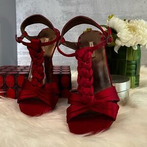 New Max Studio Red Satin Braided  T-Strap High Heeled Sandals Sz 5.5  NWOT
